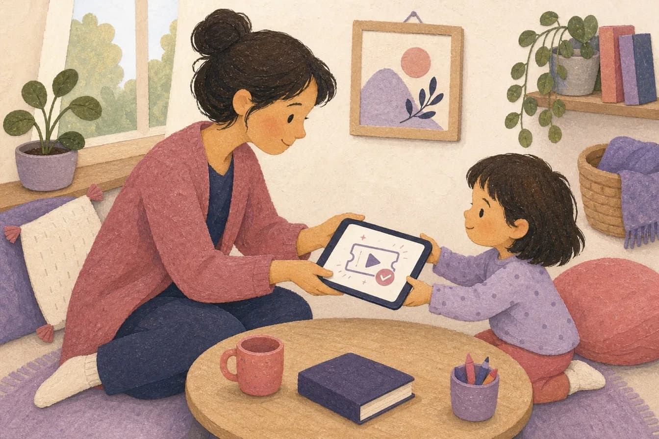 Parent gently handing a shared tablet to a young child in a calm home setting.