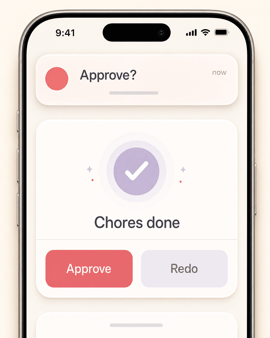 Cropped iPhone screen showing a parent approval prompt for a completed chore.