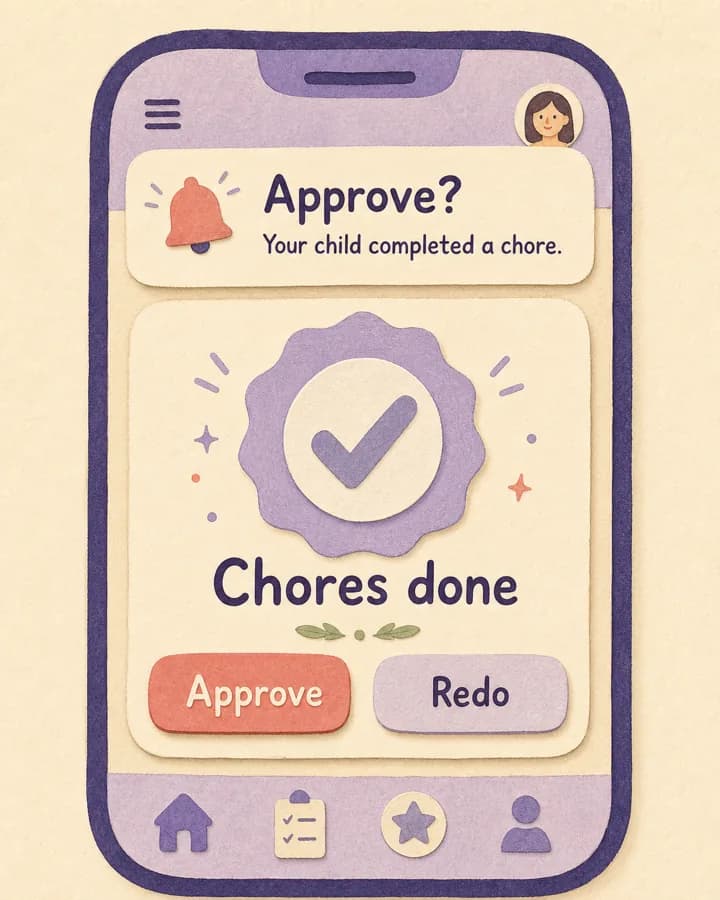 Cropped iPhone screen showing a parent approval prompt for a completed chore.