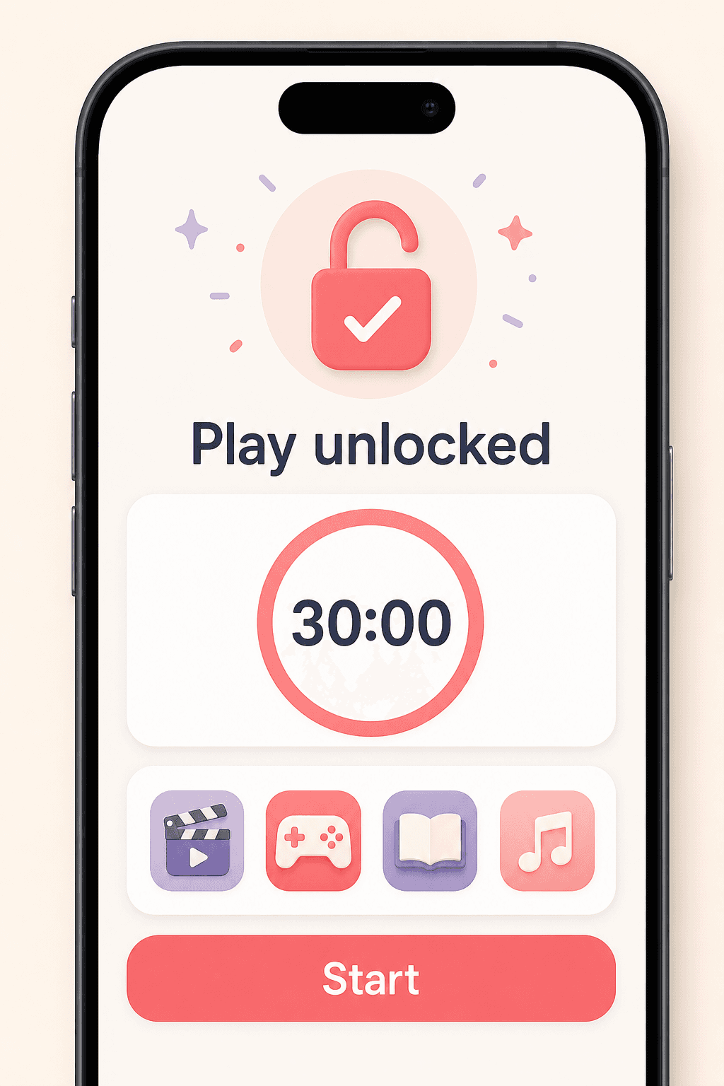 Cropped iPhone screen showing play unlocked with a 30 minute timer.