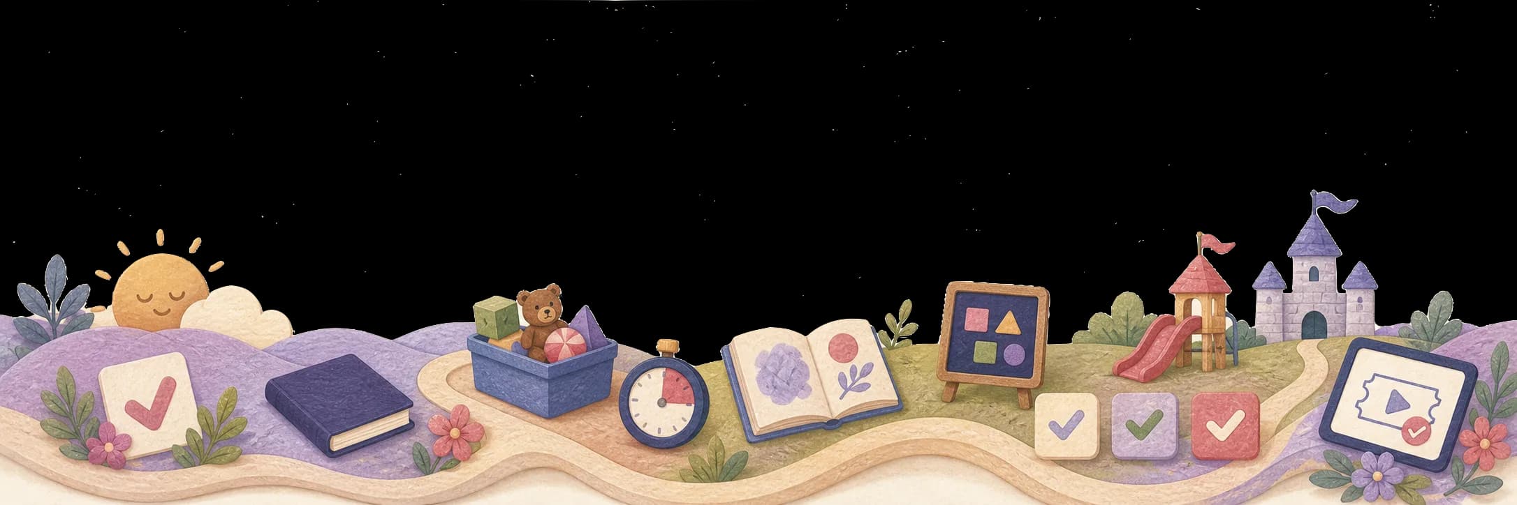 Abstract illustration of a winding play path with learning, chores, and play-time symbols.