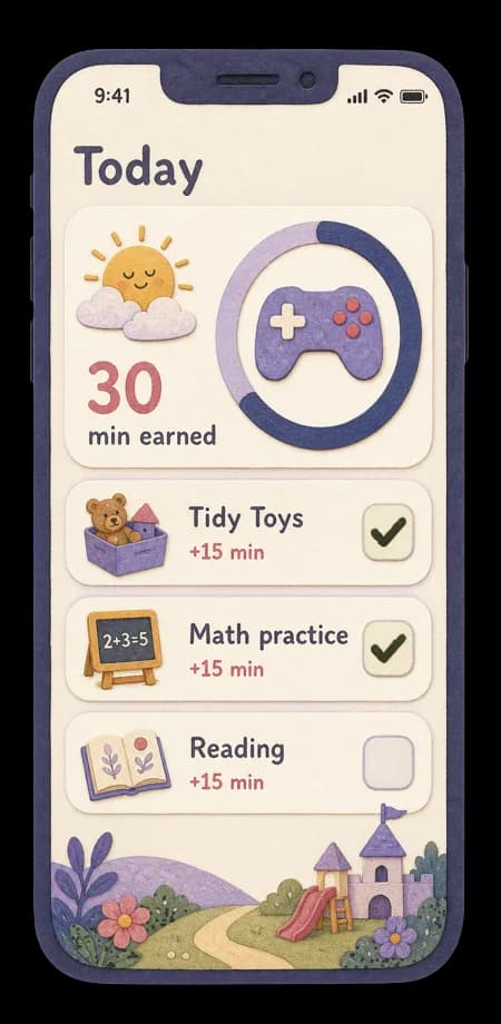 Storybook-style earnyourplay app screen showing earned play time and completed reading, chores, and math tasks.